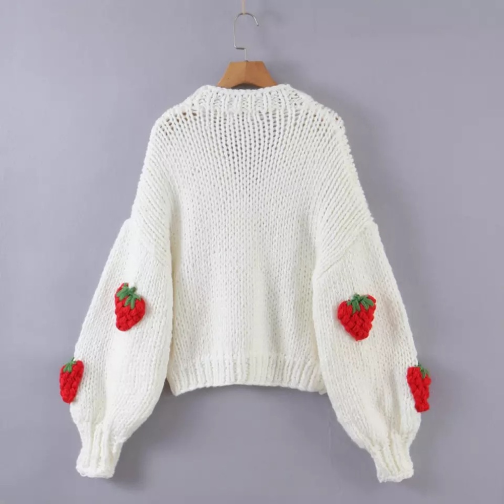 Strawberry Fields Oversized Chunky Knit Cardigan Sweater L Cream Red Cottagecore - Picture 7 of 7